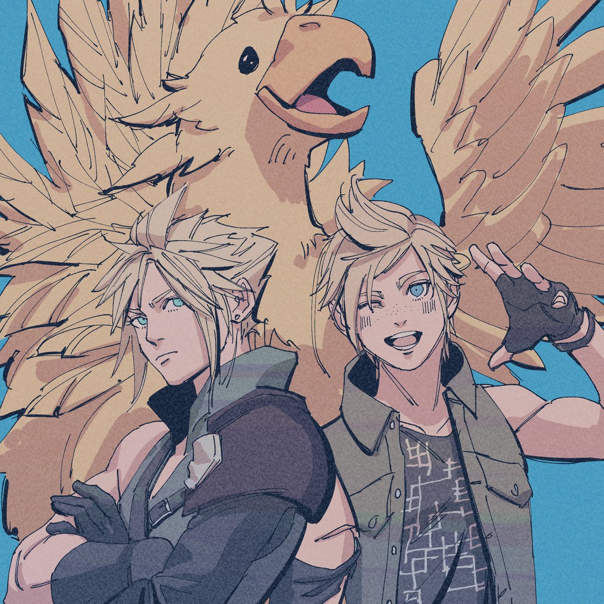 chocobo ,cloud strife gloves blonde hair multiple boys shirt 2boys one eye closed crossed arms  illustration images