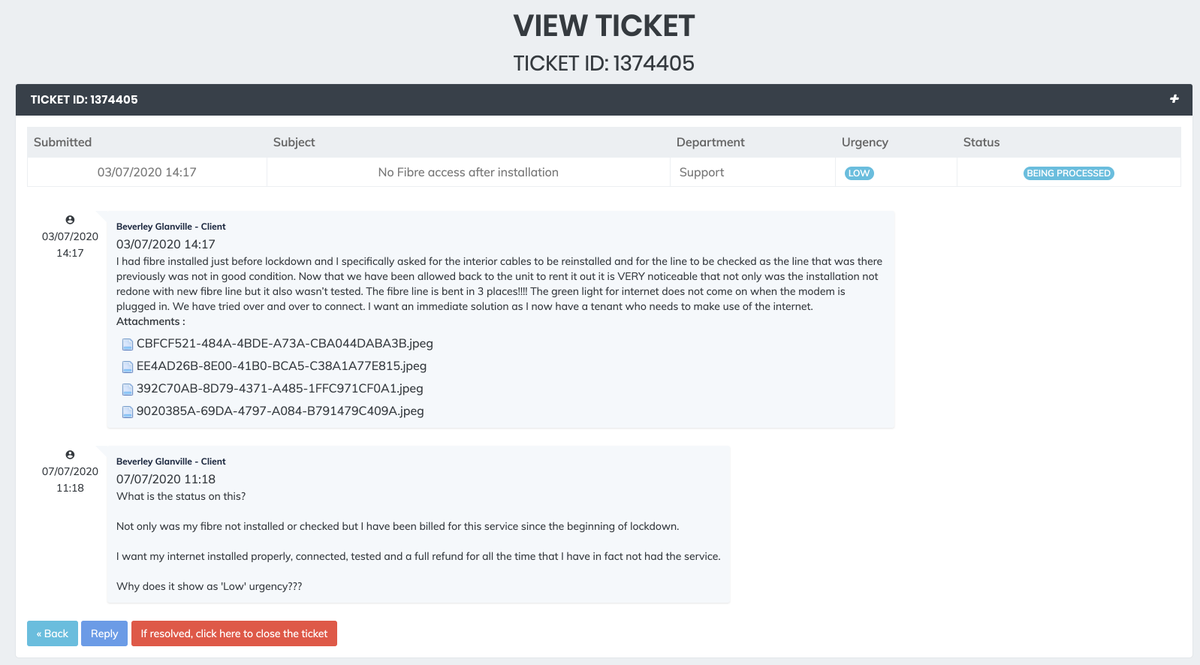 Designfield's tweet photo. @vumatel @webafrica @WebAfricaHelper @vumatel, this is ongoing, a ticket was opened 3 July which @webafrica closed even though not resolved!!! We have tested, configured and retested the line using hours of our time and a month later we still have no internet! Latest ticket number 1408595. Need a technician ON SITE! https://t.co/Vrfil44QQ4