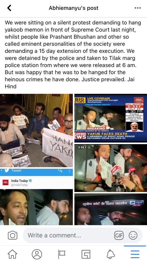 Abhiemanyu's tweet photo. 5 years before - this day in 2015

Me &amp; @TajinderBagga ji protested at Supreme Court (while midnight hearing was on) demanding to hand yakoob memon, while irks like Prashant bhushan and other anti-national elements were seeking 15 days extension for the execution of Yakoob Memon. https://t.co/9yBLIPfSio
