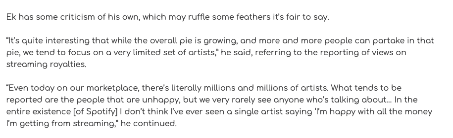 When asked about streaming returns, here he falls back on the accessibility argument again. Why are we only focussing on a limited set of artists when more and more can partake in the pie? Zero qualitative dimension here, just quantity, and those audio engagement numbers