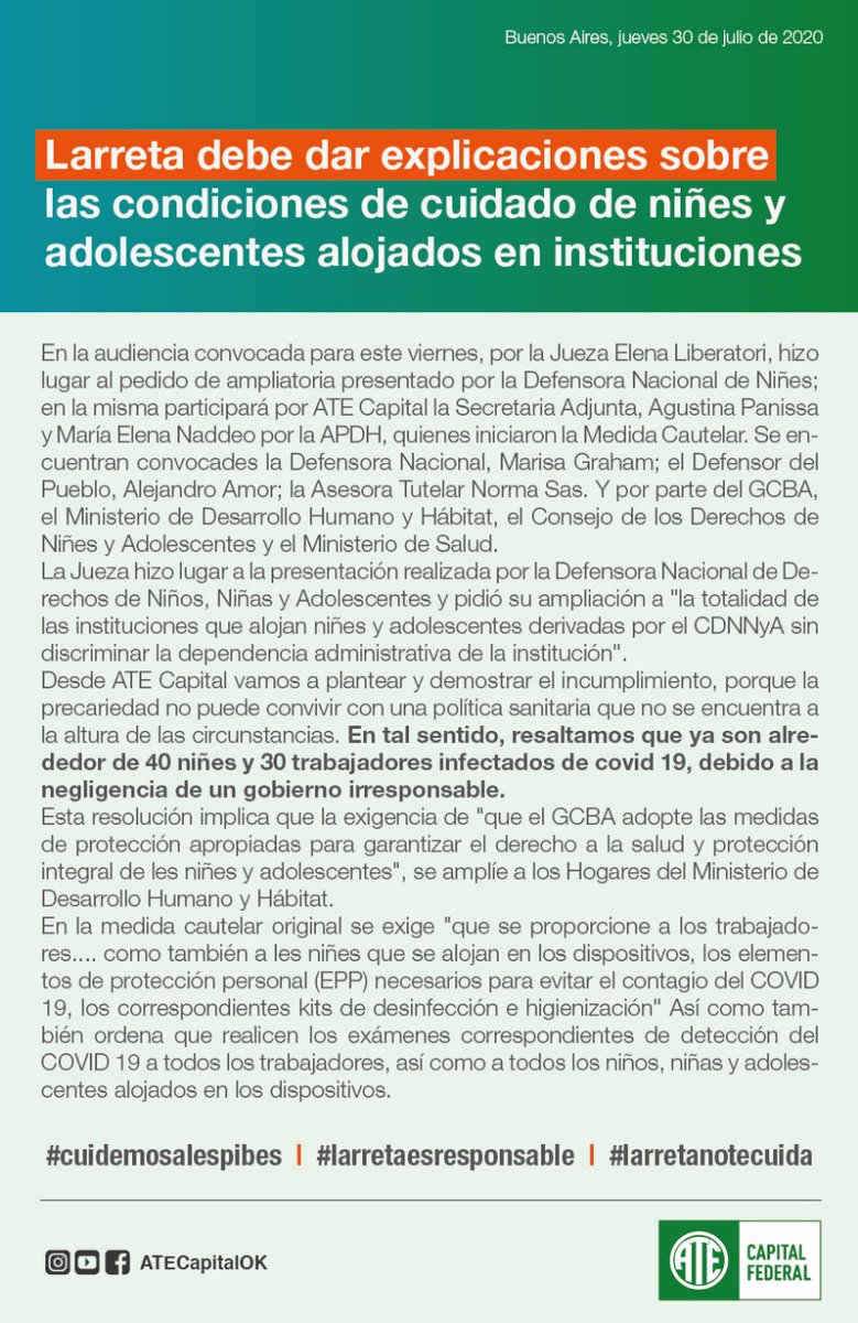 ATECapitalOk's tweet photo. 31/7: #Larreta debe dar explicaciones sobre las condiciones de cuidado de niñes y adolescentes alojados en instituciones. La Jueza, Elena Liberarori, hizo lugar a la presentación realizada por la Defensora Nac. de Derechos de Niños, Niñas y Adolescentes.👉 https://t.co/pf4U1pnd6w https://t.co/BkO6CuGaQv