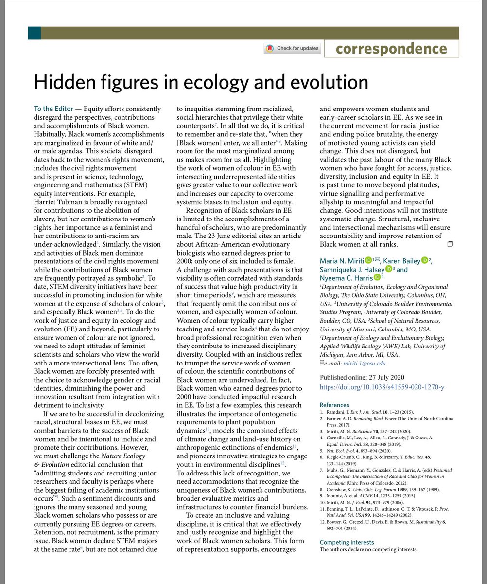 NatureEcoEvo's tweet photo. Hidden figures in ecology and evolution https://t.co/VbwQliLgbg 'Habitually, Black women’s accomplishments are marginalized in favour of white and/or male agendas.' https://t.co/kGefxVJ1zt