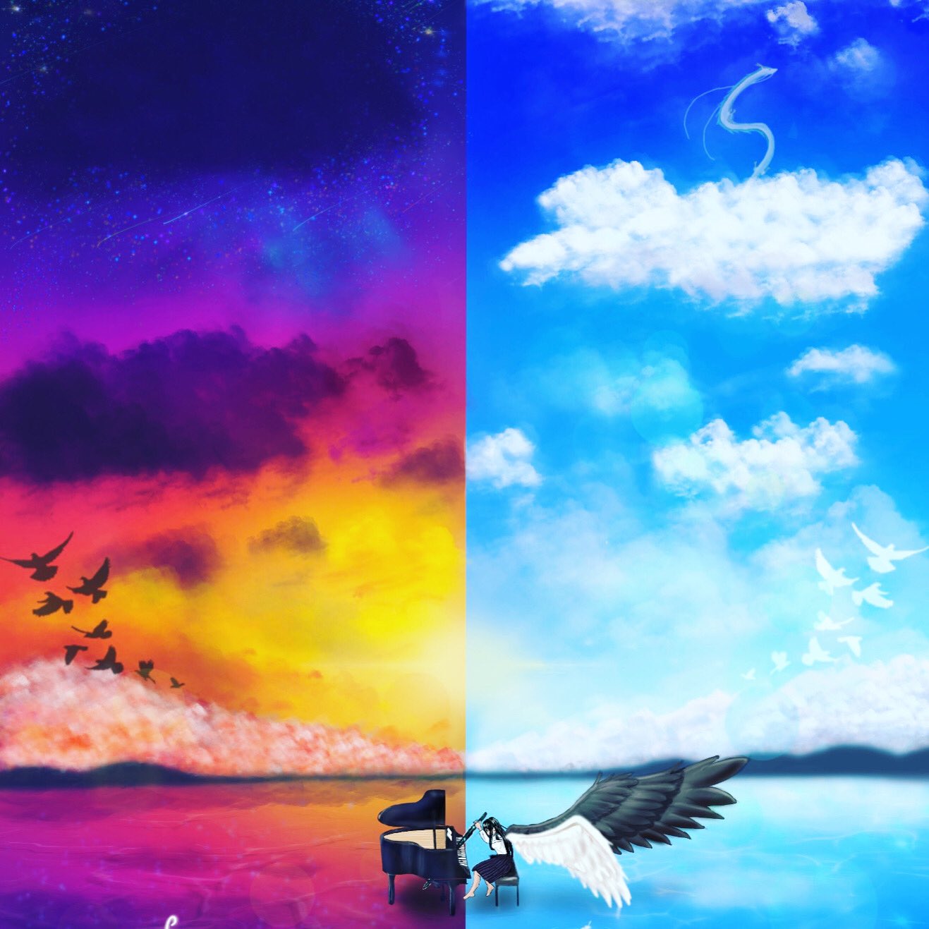 うか Sur Twitter 結構時間かかった 雲 夜空 龍 星空 星 女の子 イラスト好きな人と繋がりたい イラスト Illustrationart Illustration ピアノ 青空 夕日 太陽