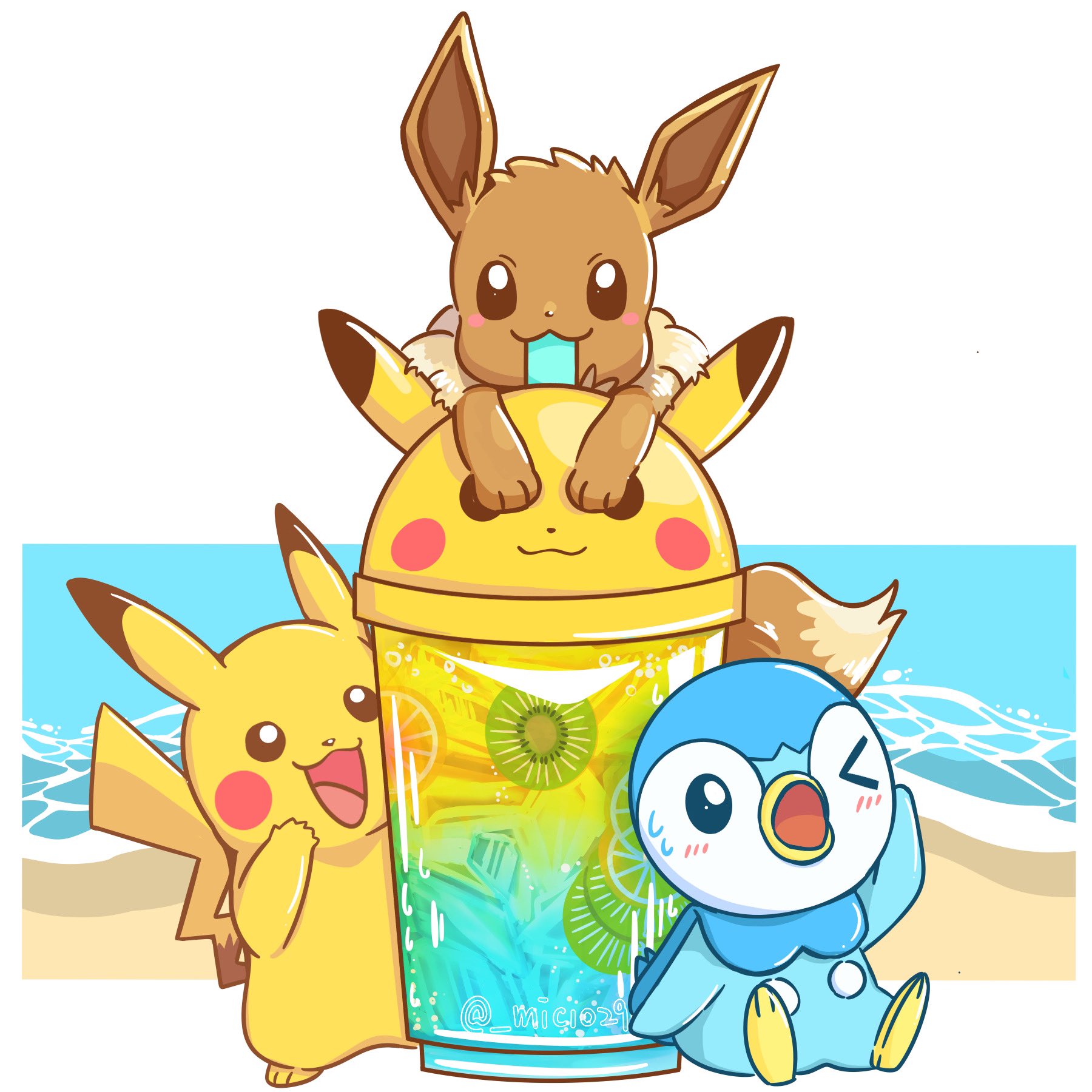 Micowo 委託開放中 夏休み Summer Time Hongkongart 香港插畫 香港 イラスト イラスト Illustration Animeart Fanart Cute 可愛い Pokemon ポケモン Pikachu ピカチュウ ポケモン好きと繋がりたい Piplup ポッチャマ Eevee