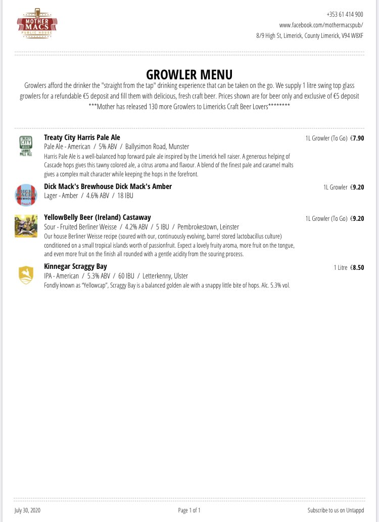 mothermacspub's tweet photo. Yes we have!!!!
Harris Pale Ale from @TreatyCityBrew has been added to our Growler Menu. It wouldn’t be an August Bank Holiday without it.
You asked we delivered.
#limerick #streetsoflimerick https://t.co/8eNEv2KKHG