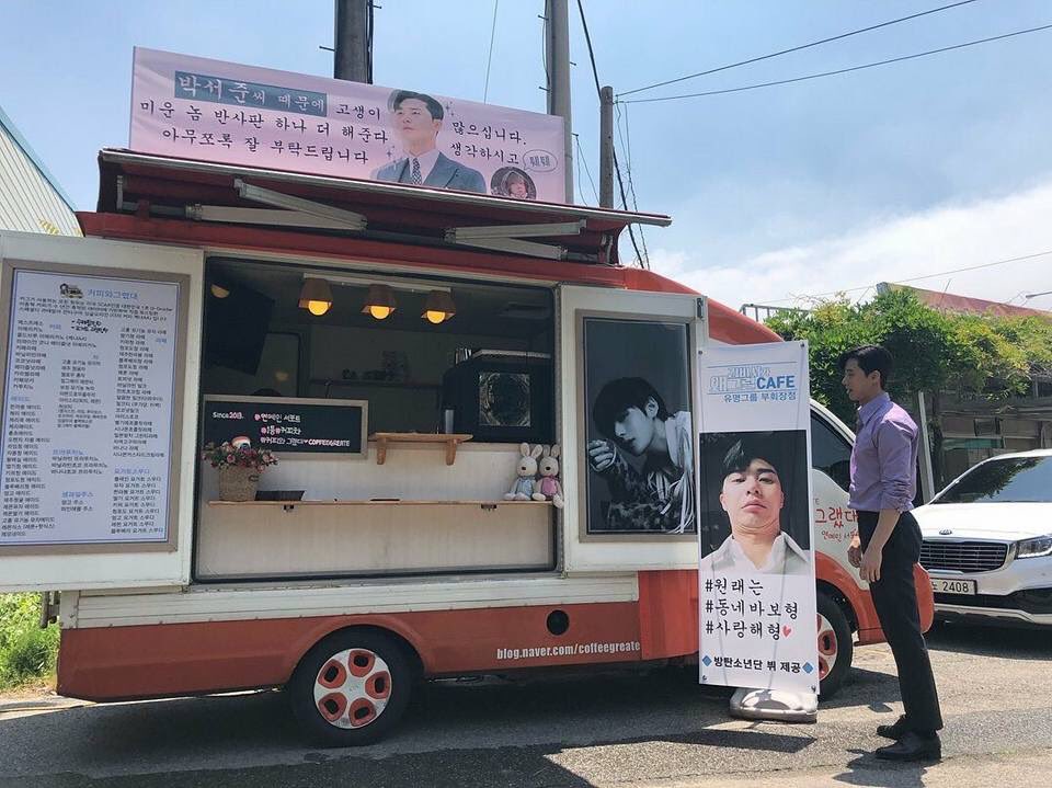 Taehyung sending food trucks to Seojoon and Park Hyungsik during their filming. the way he loves and supports his friends is the absolute sweetest thing