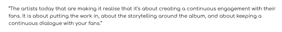 or basically anyone whose musical practice involves working on something over a longer period of time, and does not flatter "continuous dialogue" with fans. This is pure ideology. This attitude is *deeply* antagonistic to label structures, the press, and the craft. Philistine!