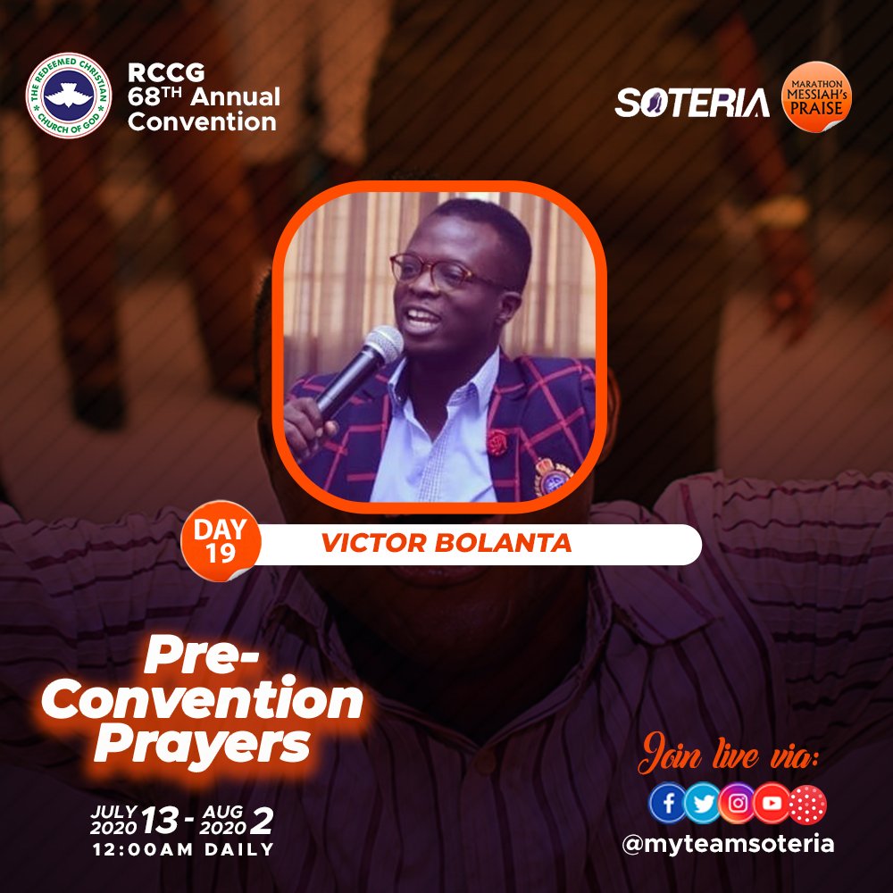 MyTeamSoteria's tweet photo. ...men ought always to pray, and not to faint. Join Team Soteria in the Pre-convention Prayers...
Ministering Tonight is Matthew Oyebode, and Victor Bolanta.
#myteamsoteria #12midnight #preconventionprayer #RCCG #68thannualconvention #MMP https://t.co/tcHQnIxh2Y