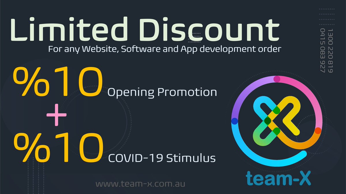 Team_X_Cyber's tweet photo. Massive 20% Discount:

10% opening promotion
+
10% COVID-19 Stimulus to support your business keep growing in a different time we are now in.

Offer applies to all Website, Software and Apps Development orders.
Contact us to have a chat about your project:
https://t.co/lt3dsRnDCL https://t.co/AE6Xww2wCb