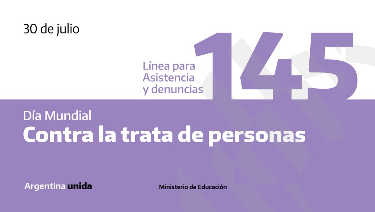La <a href="/Onu_es/">Naciones Unidas</a> estableció el 30 de julio como Día Mundial contra la Trata de Personas para concientizar sobre este delito. Si sos víctima de trata, o conocés a alguien que lo sea, llamá a la línea 145. Es nacional, gratuita y funciona las 24 horas, los 365 días.
#ParemosLaTrata