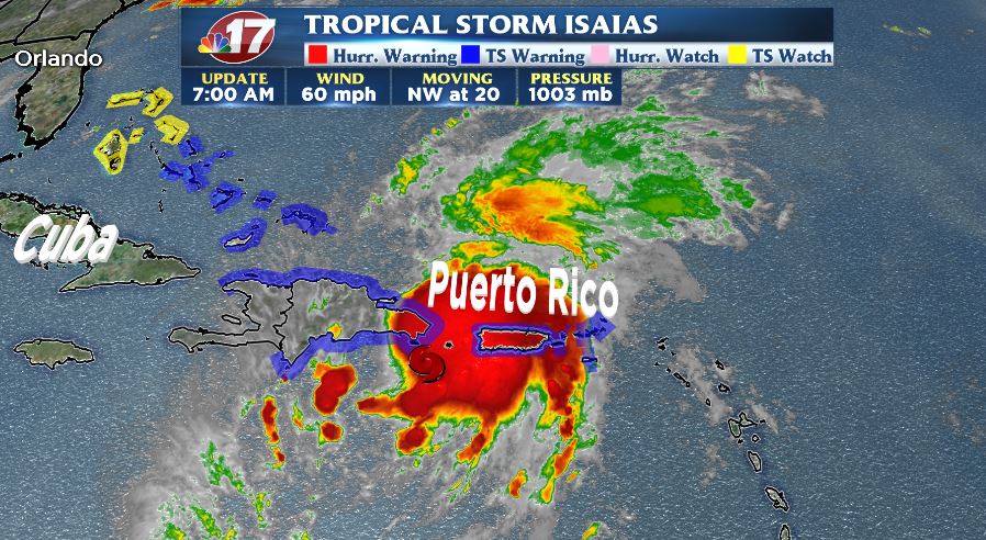 PeoplesAnthony's tweet photo. #TropicalStormIsaias is bringing life-threatening flash flooding and winds to #PuertoRico this morning. It threatens #Florida & the #SoutheasternUS this weekend!
8 AM AST UPDATE -- ABOUT 105 MILES ESE OF SANTO DOMINGO DOMINICAN REPUBLIC
MAXIMUM SUSTAINED WINDS: 60 MPH https://t.co/B6hufPgLgx