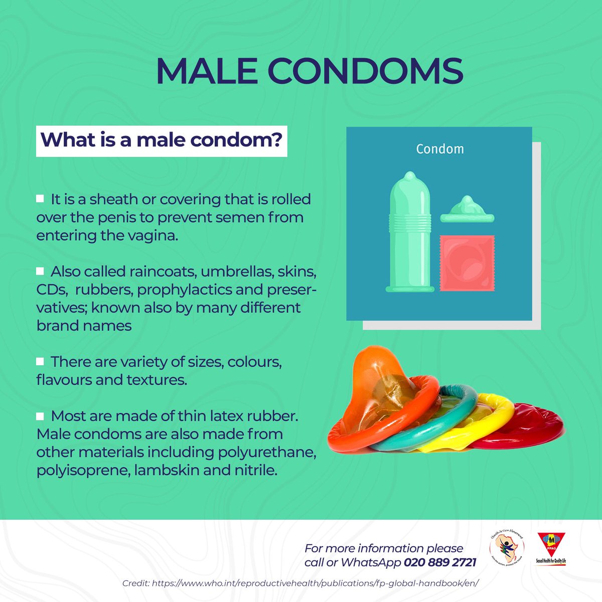 PPAGGhana's tweet image. The MALE CONDOM is one of the commonly used contraceptive methods among young people. It’s easy to procure and use. This week’s #KnowYourFPMethod focuses on the male condom with more interesting information about the method. Check the thread for more information. 

#SexualHealth