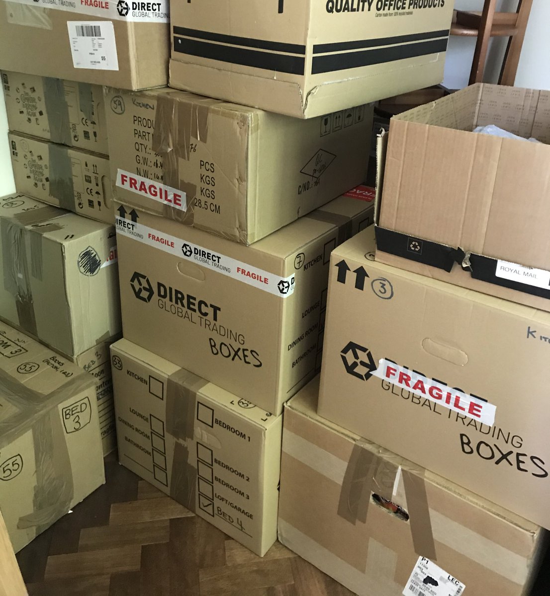 IanPollock10's tweet photo. This is my life right now. And who knew you could hashtag your moving box company #DirectGlobalTrading #HouseMove #NotBeenOutside 
Up to nearly 70 boxes and still 6 days to go. 😩 https://t.co/B1Oc0HgloT