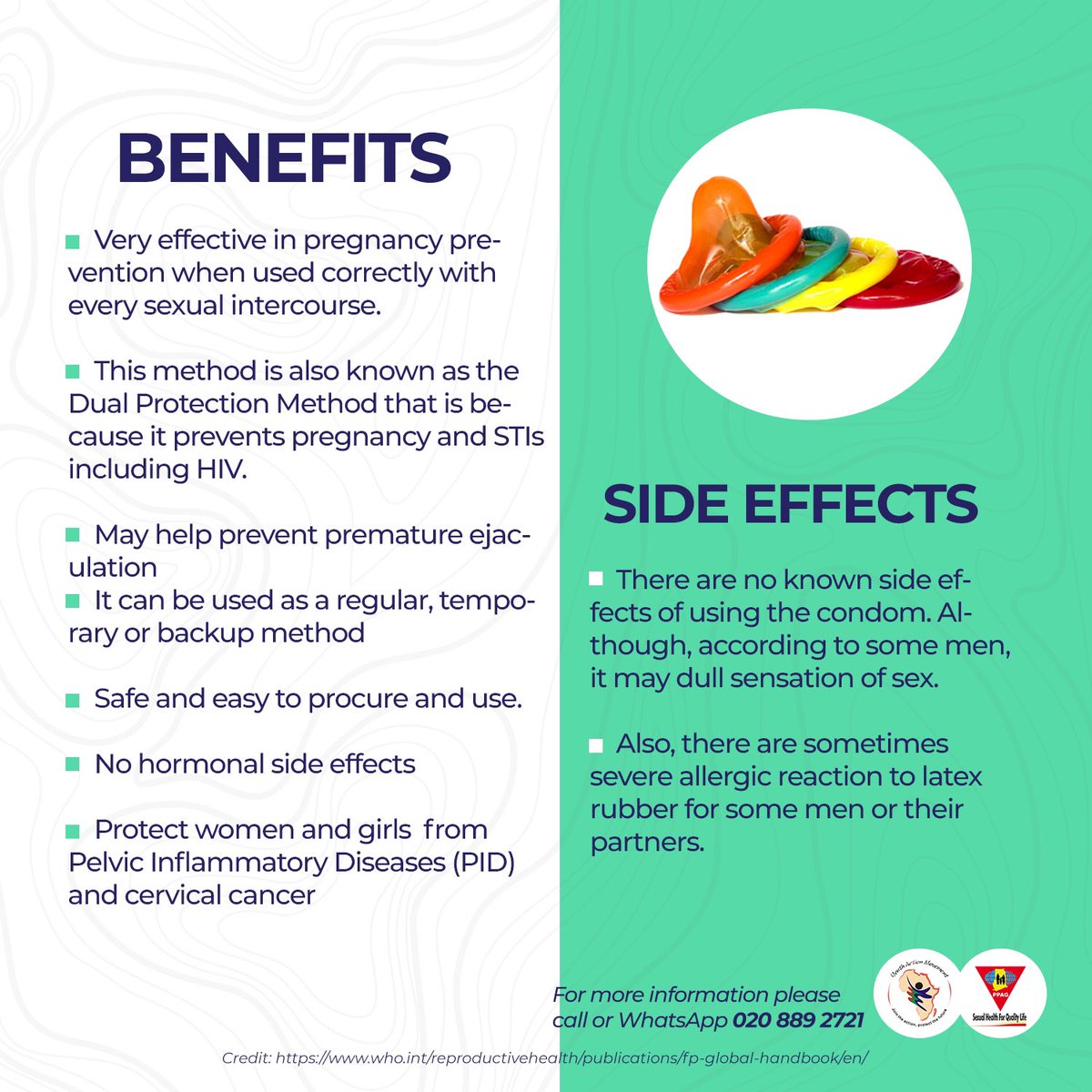 PPAGGhana's tweet image. The condom is the only contraceptive method that prevents pregnancy and STIs infection. More benefits below👇🏾😉

#KnowYourFPMethod #SexualHealth4QualityLife