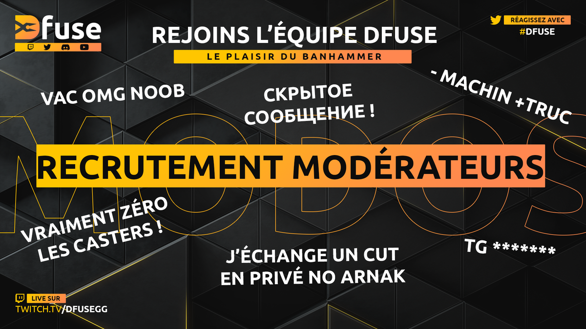 DfuseGG's tweet photo. 🌍Chez Dfuse on défend un chat propre🌎

On recrute donc des modérateurs pour faire du chat twitch, un endroit de bonne humeur, de joie et de délicatesse ! 😬

Si tu souhaites participer au projet Dfuse, rejoins-nous et #NettoieTonChat 

📰postulez ici : https://t.co/5UcImFJ1c9 https://t.co/IEwHUWpBKw