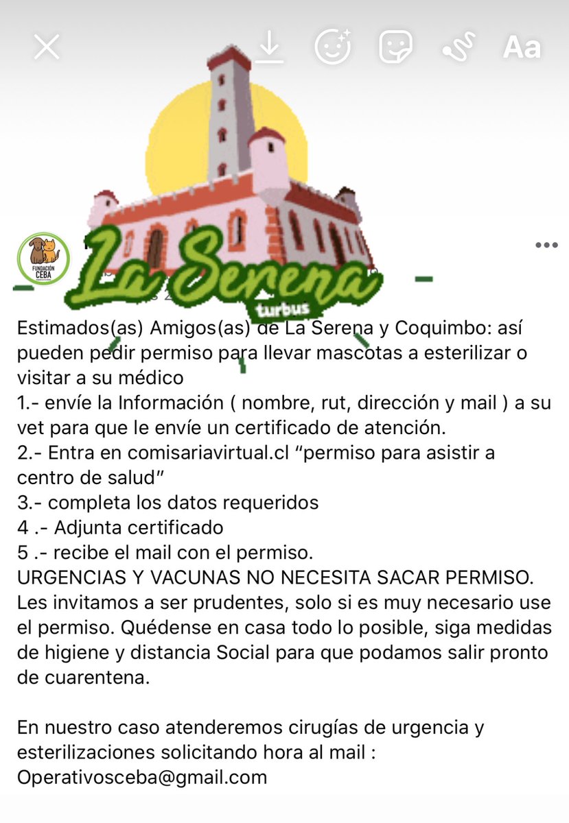 fundCeba's tweet photo. #LaSerena y #Coquimbo: así pueden pedir permiso para llevar mascotas a esterilizar o urgencias 
Sea prudente, solo si es necesario use el permiso. 
atenderemos cirugías de urgencia y esterilizaciones solicitando hora al mail :
Operativosceba@gmail.com https://t.co/dVNBgzgtgy