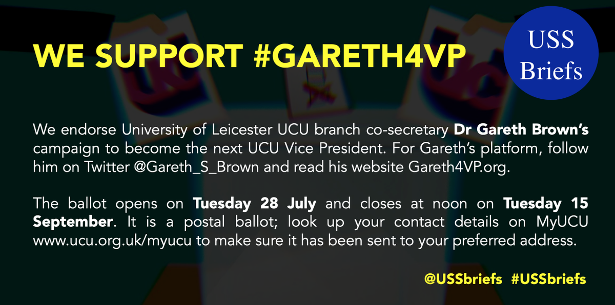 USSbriefs's tweet image. 🚨🔢🚨: @ucu Vice-President Election News 📯USS Briefs endorses Dr. Gareth Brown, @Gareth_S_Brown,  of the University of Leicester and strongly recommends him to UCU members for your number '1' vote. Website at: Gareth4VP.org #Gareth4VP