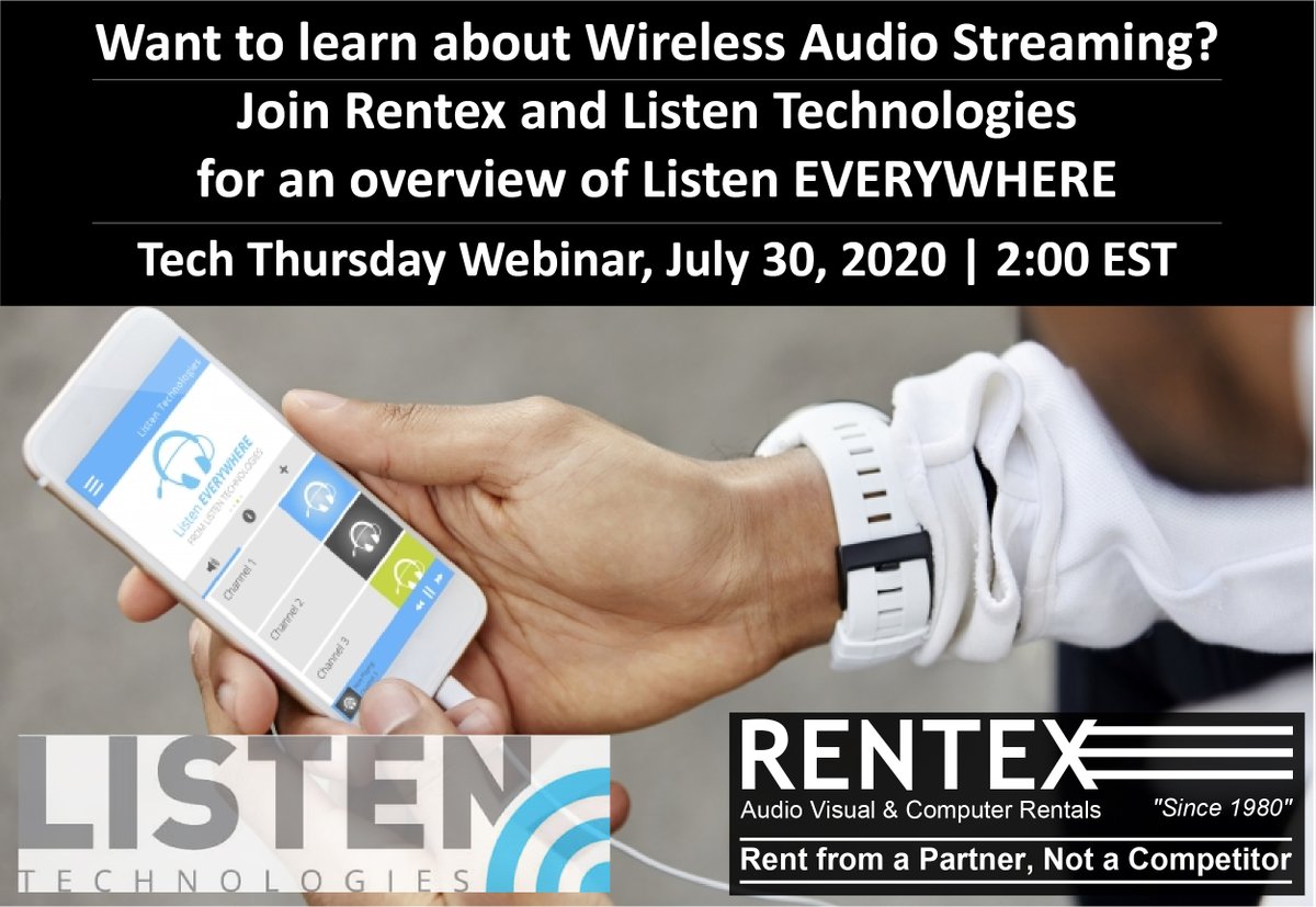 rentexrentals's tweet photo. WEBINAR: Want to learn about Wireless Audio Streaming? Join Rentex and Listen Technologies this afternoon at 2:00 EST for an overview of Listen EVERYWHERE! Register here: https://t.co/QDUcLK03fE #techthursday #ListenEVERYWHERE #AssistiveListening #ListenTech #TechThursday https://t.co/QJNUUoRS7d
