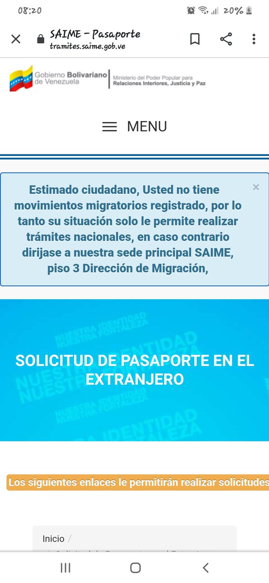 maribithramos's tweet photo. @DptoExtranjeria Buenos días actualmente me encuentro en Chile entre legalmente por el aeropuerto desde Venezuela. Intento sacar mi pasaporte yme sale esto... . Como se hace en este caso.... a mi esposo le pasa igual.... https://t.co/1TKWBVAt59