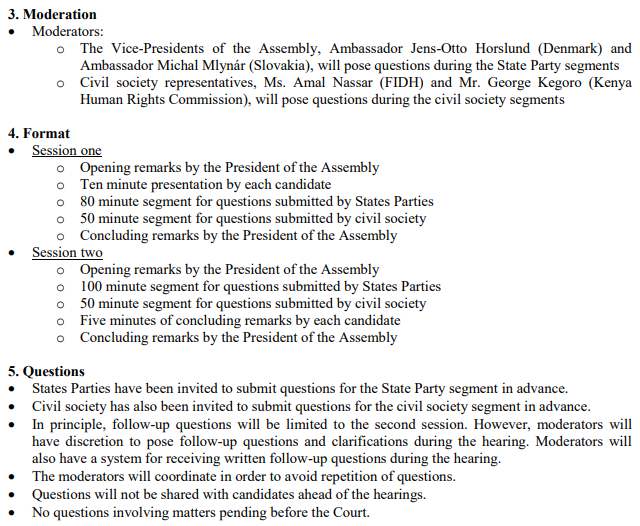 Session 2 of the public hearings with the CEP-shortlisted candidates for the position of the 3rd ICC Prosecutor (2021-30) is about to begin (3pm CEST).Webstream:  http://player.cdn.tv1.eu/statics/66005/icc.html.Sequence:  @ICC_PASP remarks; SPs questions, CSO questions; candidates' concluding remarks