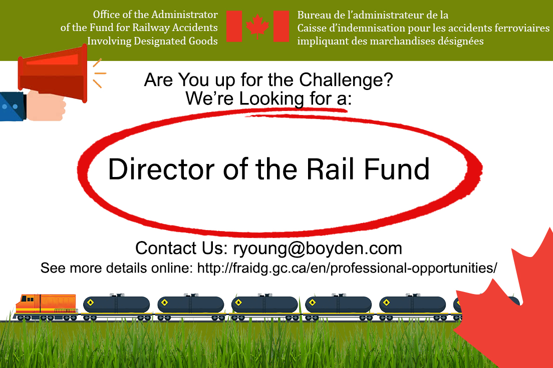 Are you looking to take on exciting challenges? Are you an executive passionate about the environment, Indigenous matters, crude-by-rail liability and compensation issues?   See more details at fraidg.gc.ca/en/professiona… and submit your application to ryoung@boyden.com.