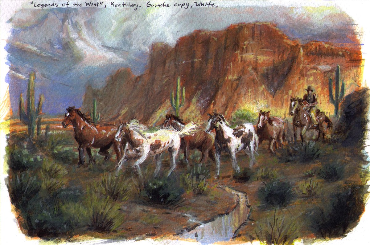 yt_doodles's tweet photo. Copy of Mark Keathley's "Legends of the West" done w/ #gouache on #watercolor paper. 
#mastercopy #tactilelearning #illustrativeart #landscapeart #painting #impressionist #colorstudy #cowboys https://t.co/EjwxccR1nh
