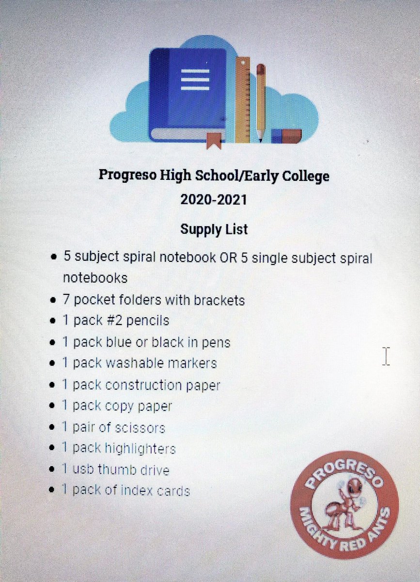 ProgresoHS's tweet image. We hope everyone is still safe and healthy.  Although we will be starting the school year remotely, it is still essential that you be prepared for your classes.  Here’s a list of the basic school supplies that you will need to start the year. Stay safe! Red Ant Strong❤🖤❤