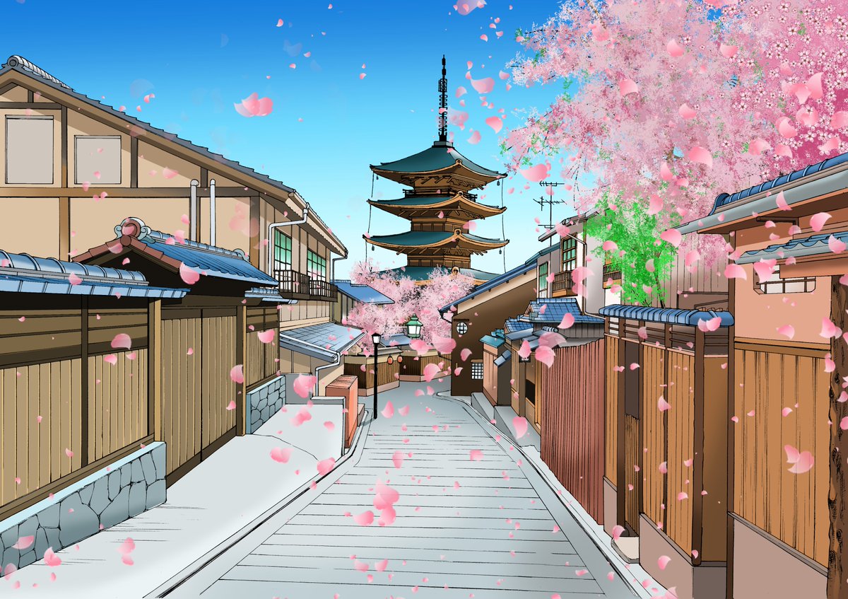 Uzivatel 雨川みう Na Twitteru 京都の春夏秋冬 まだ慣れませんがクリスタでペイントしました W 線画はアナログです 八坂の塔は独特の色で仕上げてみたのですが 京都 イラスト クリスタ 背景イラスト 風景イラスト 四季