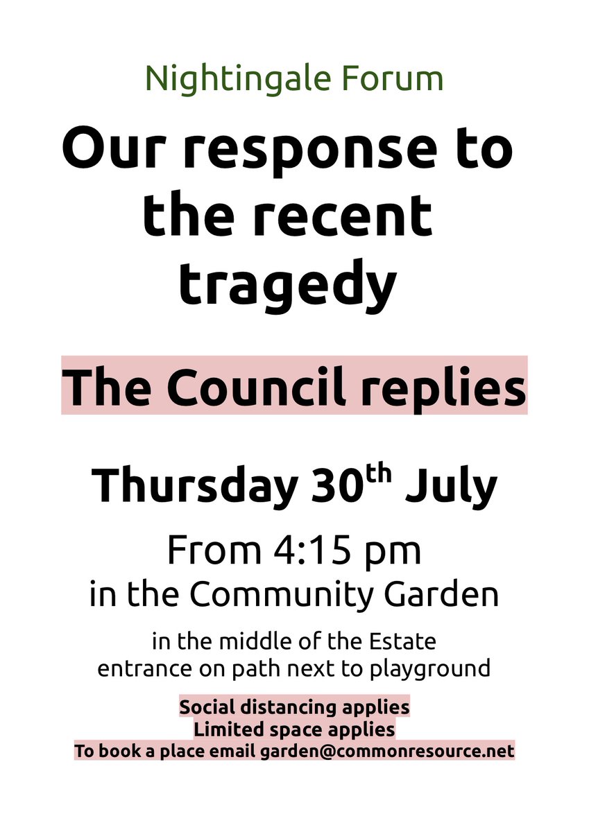 Everyone on Nightingale Estate is welcome to join our open meeting in the Community Gardens. The Mayor of Hackney and other representatives are there to respond that last months meeting and Tragedy. Today; 4:30pm. Social distancing measures apply.