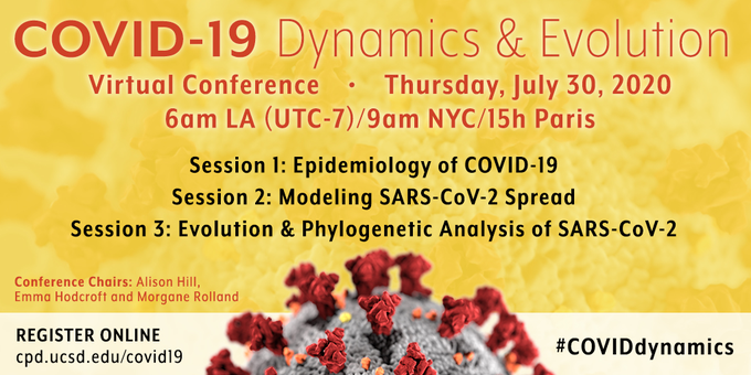 It's almost time!! Follow along with the hashtag  #COVIDdynamics as we head into the first day of our three-part series on  #SARSCoV2  #COVID19 Dynamics & Evolution, with this 1-day virtual conference covering the *latest* science behind the pandemic!! 