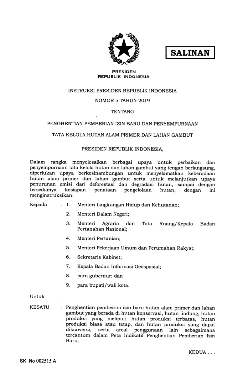 [#3] Sambil tetap mendorong model ekonomi lestari yang menyejahterakan masyarakat sekitar hutan, implementasikan penghentian izin baru di hutan primer dan gambut, izin sawit, identifikasi bank lahan dengan nilai konservasi tinggi, dan perbaiki tata kelola gambut.