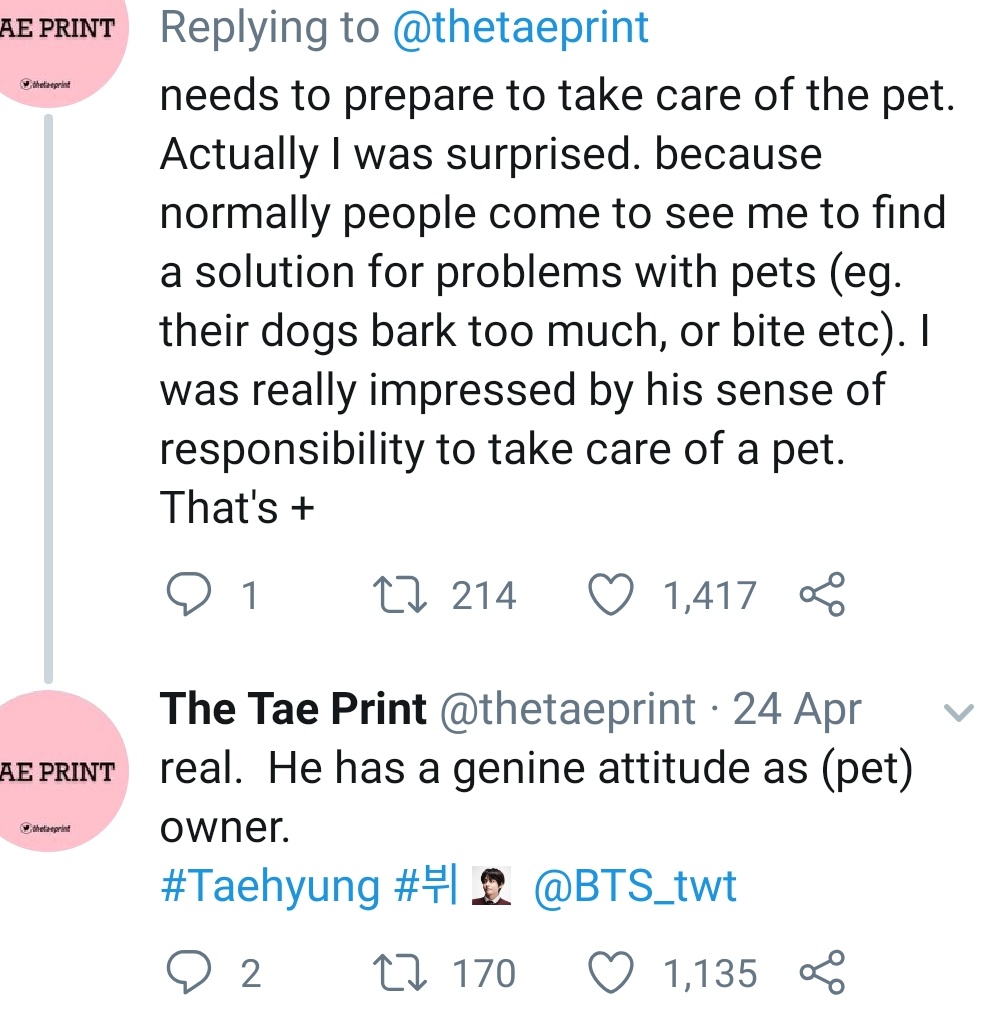 Taehyung went to a dog trainer because he wanted to become a "good guardian" for yeontan and asked him how he could best take care of him. Plss he is so responsible and caring even the dog trainer was impressed,,