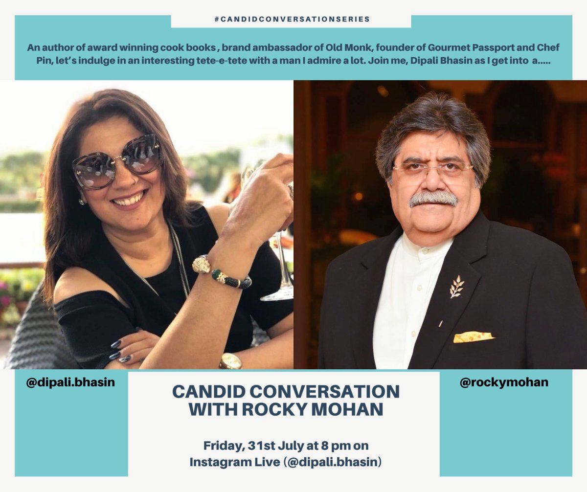 It’s #Friday tomorrow and I’m ready for my next #candidconversation with @rockymohan30 . Mr Mohan needs no introduction. He’s an author, brand ambassador of Old Monk Rum, founder @gourmetpssprt  and now Chef Pin - a new platform for #homechefs. Join in guys! Let’s hv fun!