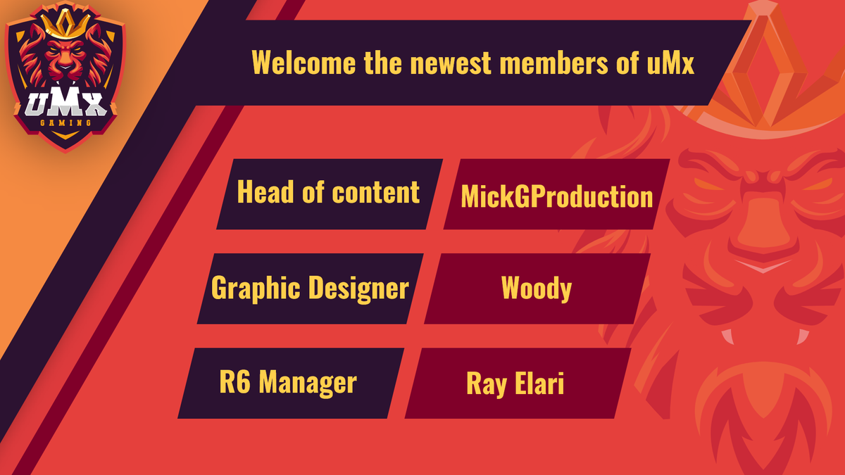 UMX_Gaming's tweet photo. Please welcome the newest members of the uMx team:

Head of content: @MickGProduction
Graphic Designer: @WoodyCreates
R6 Manager: @PinkElephantESA

#ToTheTop https://t.co/rMROPtcLZM