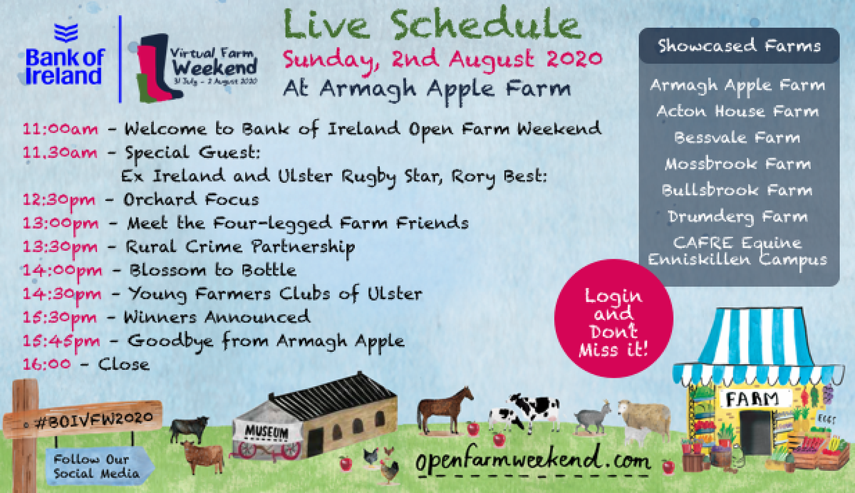 Open Farm Weekend (@boiopenfarm) on Twitter photo .The <a href="/BankofIrelandUK/">Bank of Ireland UK</a> Virtual Farm Weekend starts tomorrow (Fri 31-Sun 2) Watch virtual activities from 19 farms, engage with us on FBK Live, watch videos on our YouTube channel & through our website. Here is a taster schedule. Full schedule➡️ openfarmweekend.com/live-schedule/ Please RT! .The <a href="/BankofIrelandUK/">Bank of Ireland UK</a> Virtual Farm Weekend starts tomorrow (Fri 31-Sun 2) Watch virtual activities from 19 farms, engage with us on FBK Live, watch videos on our YouTube channel & through our website. Here is a taster schedule. Full schedule➡️ openfarmweekend.com/live-schedule/ Please RT!
