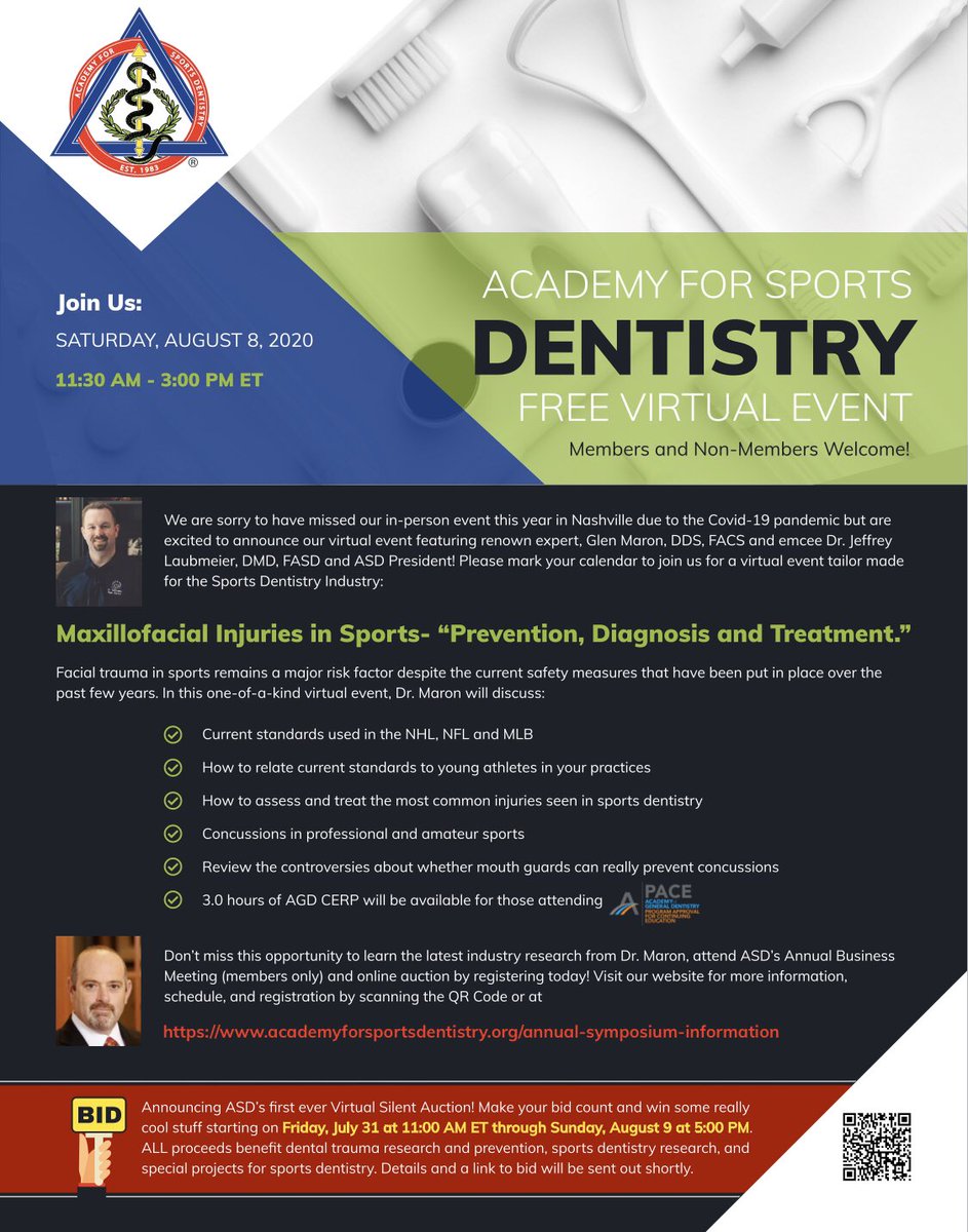 DentistrySports's tweet photo. First ever ASD Virtual Symposium will take place on August 8th at 11:30am EST! Dr. Glenn Maron will be presenting a 3 hour FREE CE course on “Maxillofacial Injuries in Sports- ‘Prevention, Diagnosis &amp; Treatment’” to both members and non-members! Link in Bio to register! https://t.co/9YlkIQ6Wc6