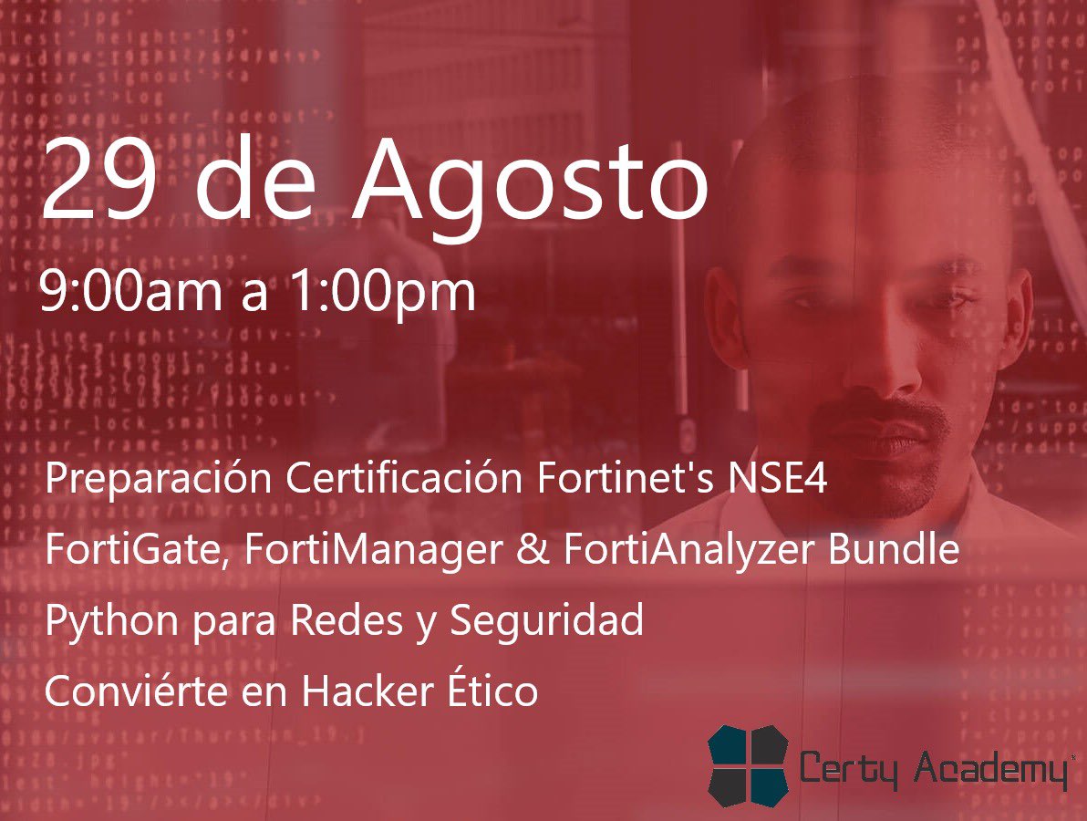 CertyAcademy's tweet photo. Inicia un nuevo ciclo de clases 
Sábado 29 de Agosto 
Nuevos precios 
Nueva modalidad Live Online 
Facilidades de pago
Financiamiento disponible a 6 y 12 meses sin intereses 
Más información: 
contacto@certyacademy.com
WhatsApp: 8097931124

#Educación #Fortinet #Python #Hacking https://t.co/jcBu6kwZtf