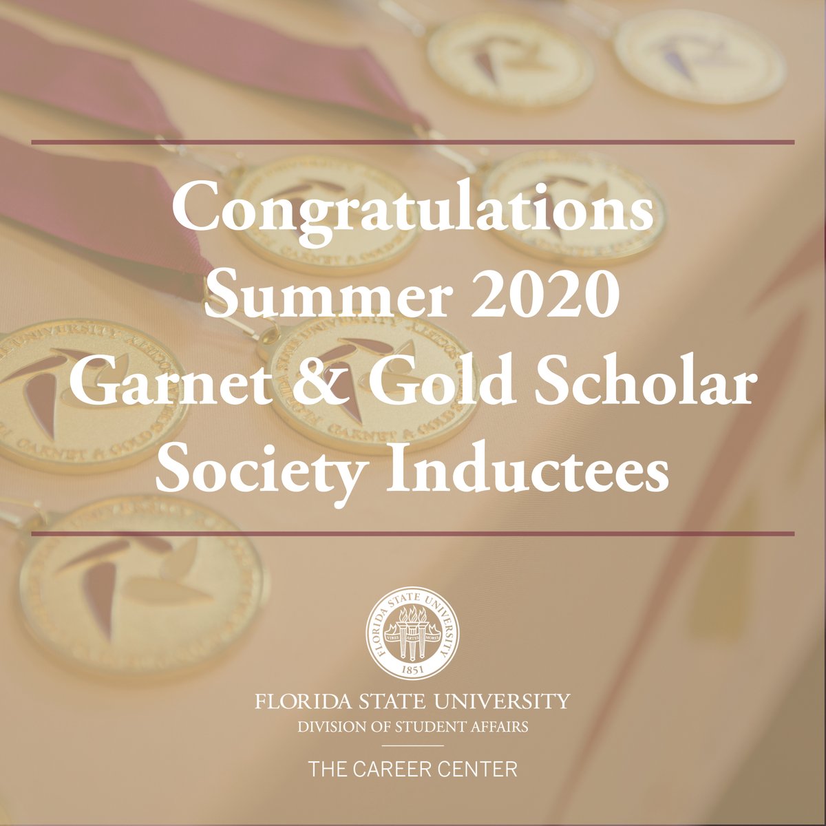 FSUCareerCenter's tweet photo. Congratulations to the 17 undergraduate students who have been inducted into the prestigious Garnet &amp; Gold Scholar Society for the Summer 2020 semester! 🏅  ⠀
⠀
Watch the virtual induction ceremony ➡️ https://t.co/Y5FEVBOO0L

#GGSSFSU #DesignYourCareer https://t.co/QX3pxcIn3u