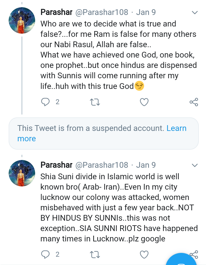 While searching about these casteist bigots, I checked one of such accounts and look what I found. This guy is a Shia Muslim but pretends to be Kattar Hindu to fool tweeples over ranting against BJP-RSS.Tweeples can just type "Parashar108 shia" in search & enjoy such tweets  https://twitter.com/tanmayj41128048/status/1288738243882565633