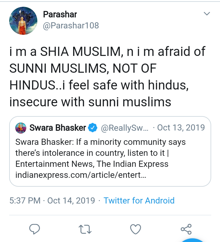 While searching about these casteist bigots, I checked one of such accounts and look what I found. This guy is a Shia Muslim but pretends to be Kattar Hindu to fool tweeples over ranting against BJP-RSS.Tweeples can just type "Parashar108 shia" in search & enjoy such tweets  https://twitter.com/tanmayj41128048/status/1288738243882565633
