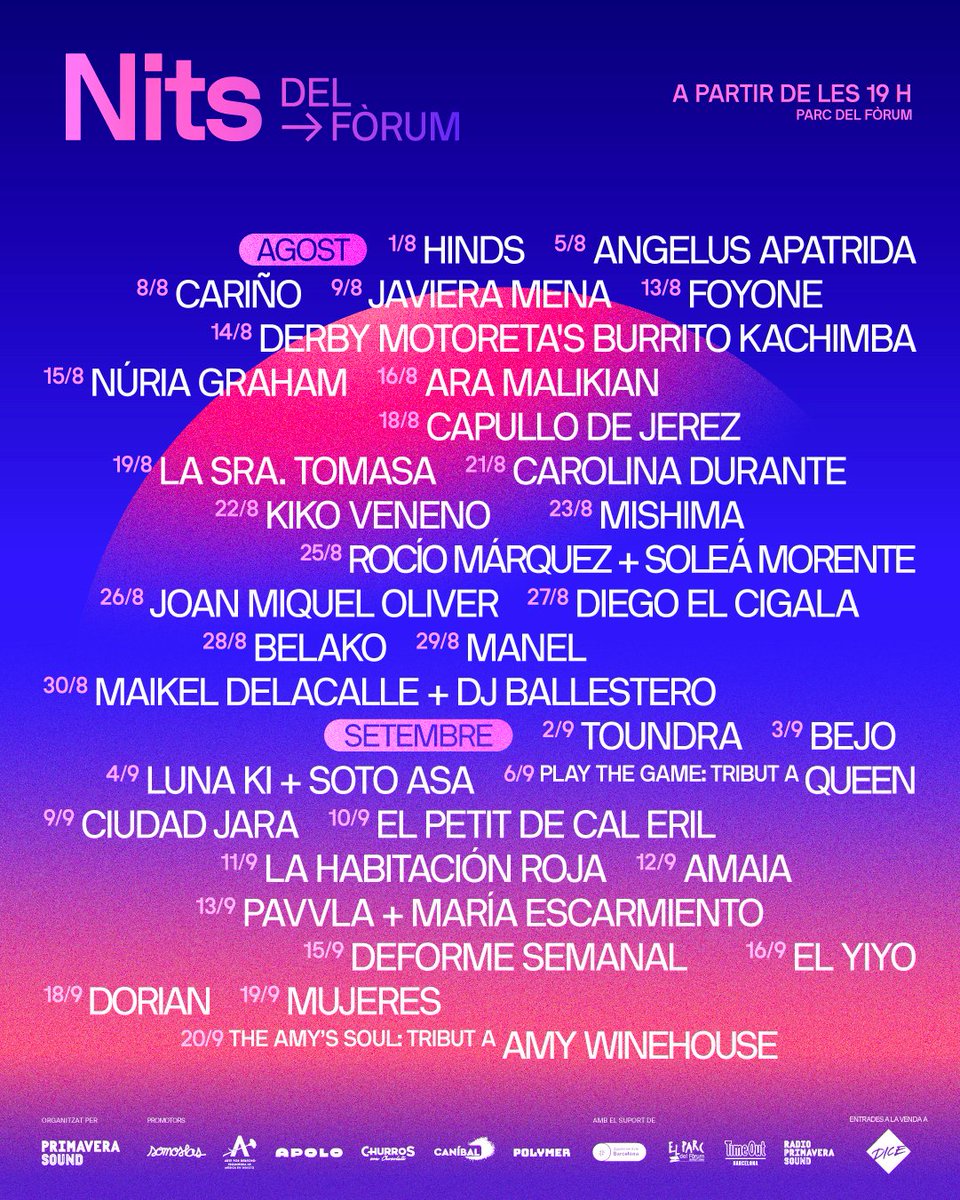 Después de una parada... ¡¡por fin volvemos con les Nits del Fòrum!! ❤️✨🔥

Volveremos a disfrutar de la música en directo en el Parc del Fòrum y además, muchos de los conciertos que no se pudieron celebrar se han reprogramado para septiembre!!