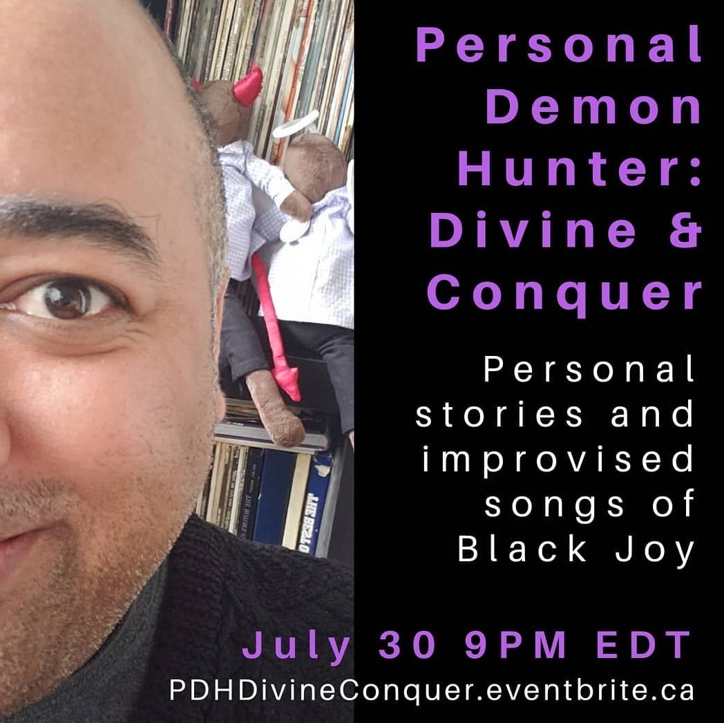 TONIGHT!!🔥

Motivational guru @VelvetDuke returns to be your Personal Demon Hunter!

With personal stories and improvised songs of Black Joy, Velvet is a master at working through the things that haunt us in a funny, accessible, interactive way.

A MUST-SEE
9PM #FringeLiveStream