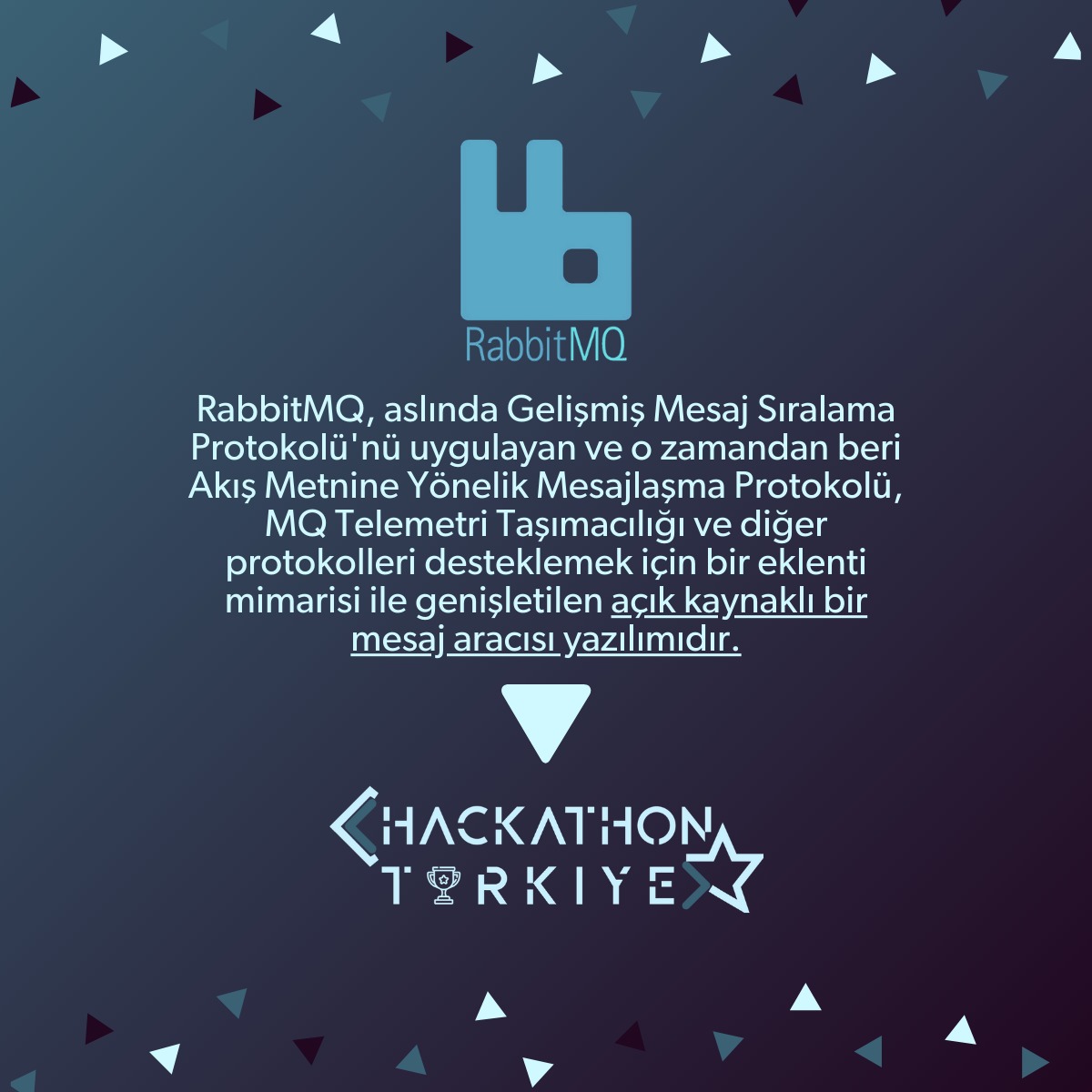 turkeyhackathon's tweet photo. RabbitMQ Nedir?
📚 Hadi hep birlikte keşfedelim 👇🏻
#hackathon #hackathons #hackathon2020 #hackathontürkiye #rabbitMQ #servertoserver #apptoapp #erlang #communication #message #teknoloji #hackathonsözlük #code #coder #idea #ideathon #onlineevent #çözüm #solution #solutions https://t.co/xlILZ19DU8