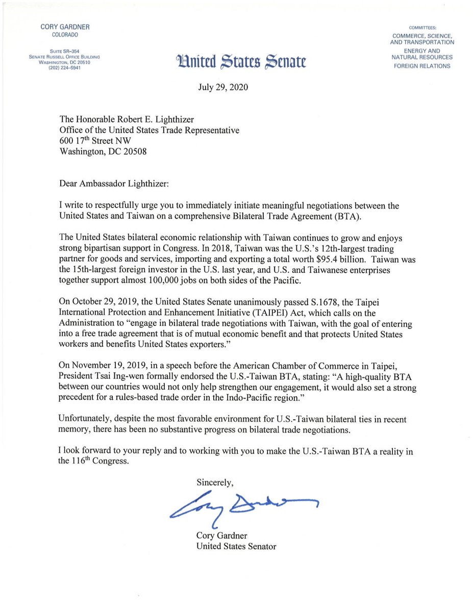 I’m calling on @USTradeRep to immediately begin negotiations with Taiwan on a mutually beneficial free trade agreement as called for by my TAIPEI Act. Read more ⬇️