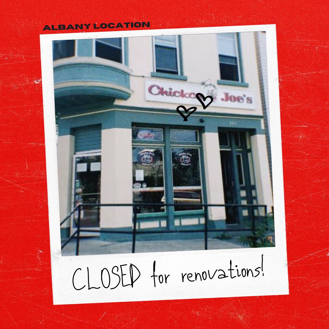 CHICKENJOES's tweet photo. 🔴UPDATE🔴

Our Albany location is currently CLOSED for renovations. 
We are on schedule, as of right now, to be open by the end of August!

Until then, our Troy location is up and running just swell🐔

#albany #closed #renovations #chickenjoes #upstate #ny #troy #open #nugglife https://t.co/ACUH5TOu7W