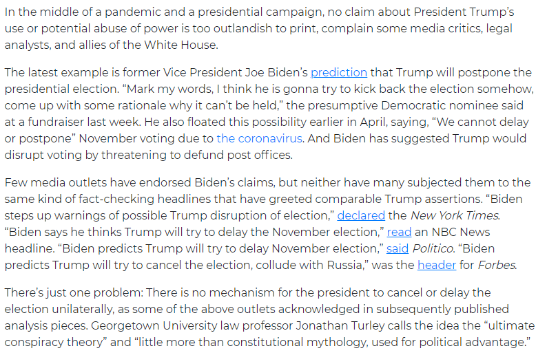 W. James Antle III, the Washington Examiner's politics editor, wrote in April:  https://www.washingtonexaminer.com/news/hell-seize-power-hell-postpone-the-election-the-trump-schemes-that-never-happen