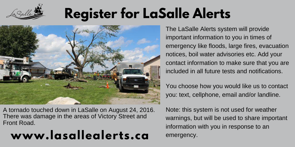 TownofLaSalle's tweet photo. Register for #LaSalleAlerts so that we can send messages to you in times of emergency. You choose how we contact you: text, cellphone, email and/or landline. https://t.co/63uYpiH3Dg https://t.co/KQYhmdBqeJ
