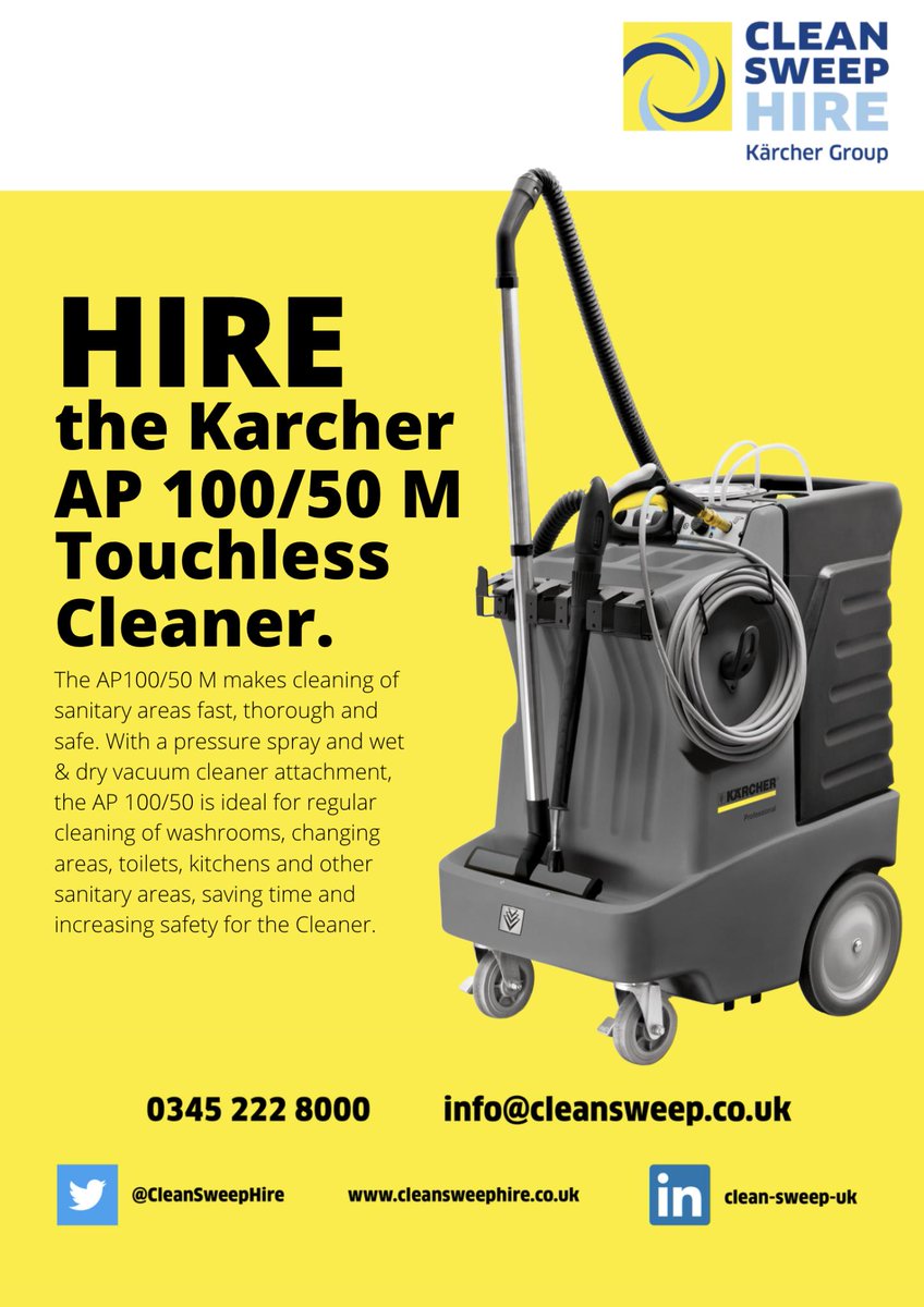 Hire the Karcher AP 100/50 M Touchless Cleaner from Clean Sweep Hire.  

Available on both short and contract hires, contact us today to obtain a hire quote and kick start your hire journey.  

📞 0345 222 8000  ✉️ 
info@cleansweep.co.uk 

#chirpcleansweep