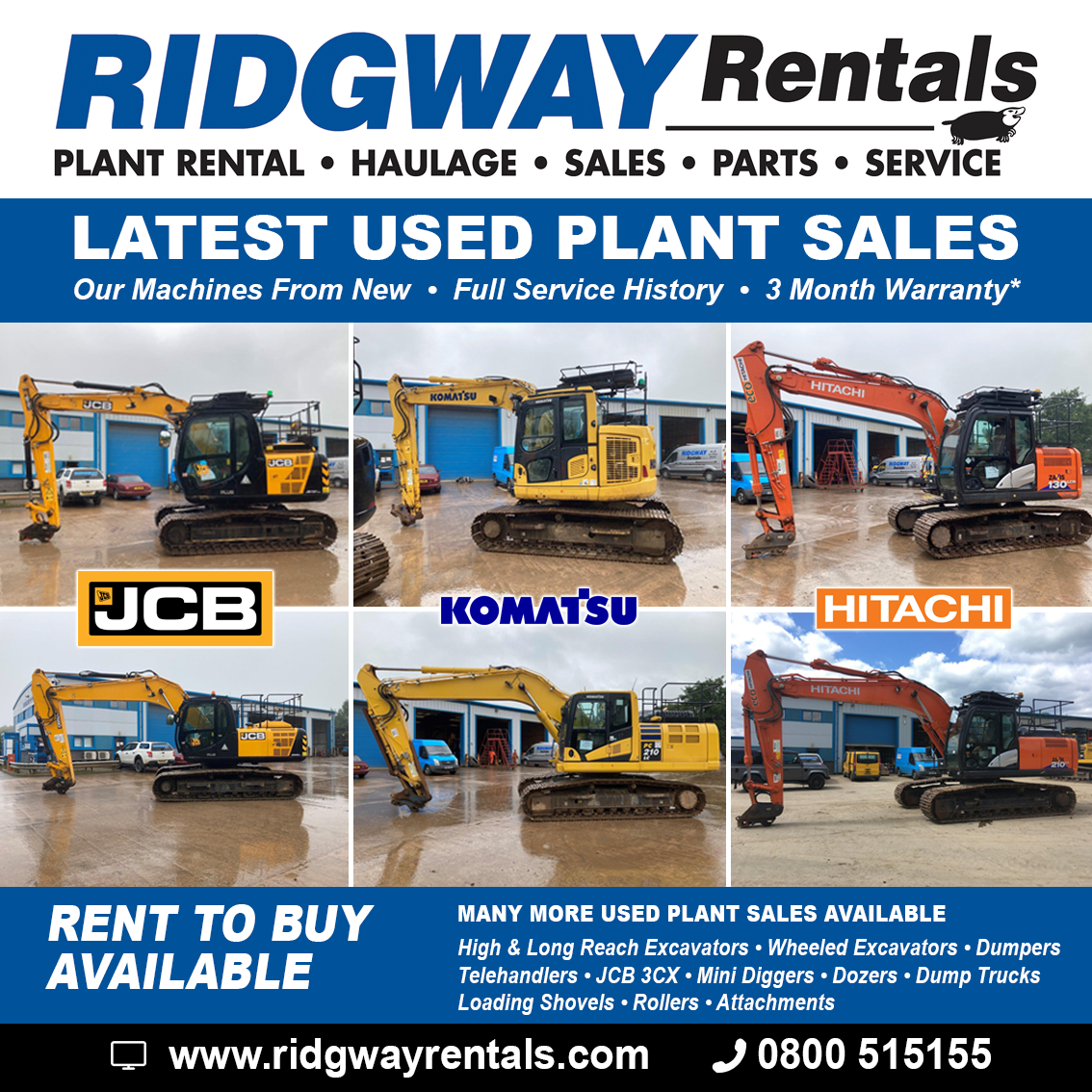 ridgway_rentals's tweet photo. See the latest Excavators for sale from Ridgway Plant Sales
13 - 50 Ton #Excavators from #JCB #Komatsu #Hitachi
Rent to Buy Available - Call FREE on 0800 515155
#Usedplant #PlantSales #Construction
https://t.co/NBDJlP4W99 https://t.co/ukDbXQKBFl