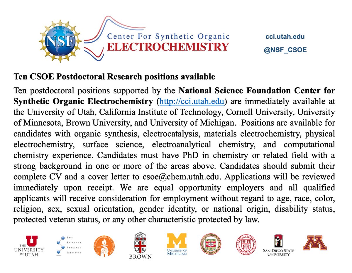 Center for Synthetic Organic Electrochemistry (@nsf_csoe) on Twitter photo We have 10 postdoctoral positions immediately available in multiple sites <a href="/NSF_CSOE/">Center for Synthetic Organic Electrochemistry</a> cci.utah.edu.
Please share to anyone interested in highly collaborative research in synthetic organic electrochemistry. We have 10 postdoctoral positions immediately available in multiple sites <a href="/NSF_CSOE/">Center for Synthetic Organic Electrochemistry</a> cci.utah.edu.
Please share to anyone interested in highly collaborative research in synthetic organic electrochemistry.
